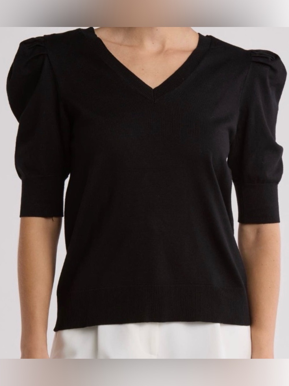 RACHEL Rachel Roy Black V-Neck Puff Short Sleeve Sweater Top - Sz Large, NWT